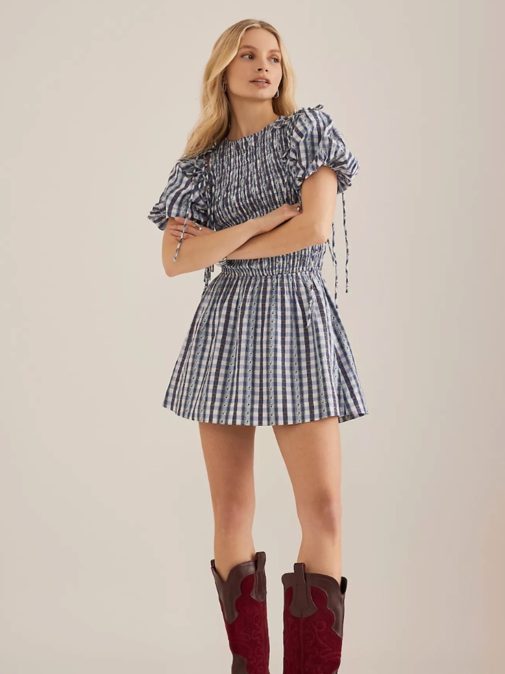 Damson Madder Becca Bubble Mini Dress, Blue Gingham, Removable Sleeve UK 8 US 4